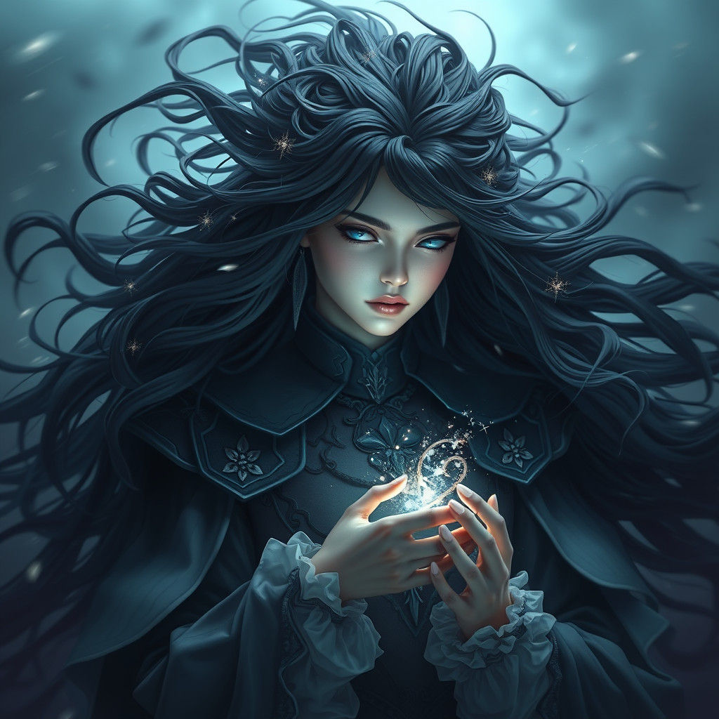 Raven-Haired Queen Cradles a Wish in Somber Elegance