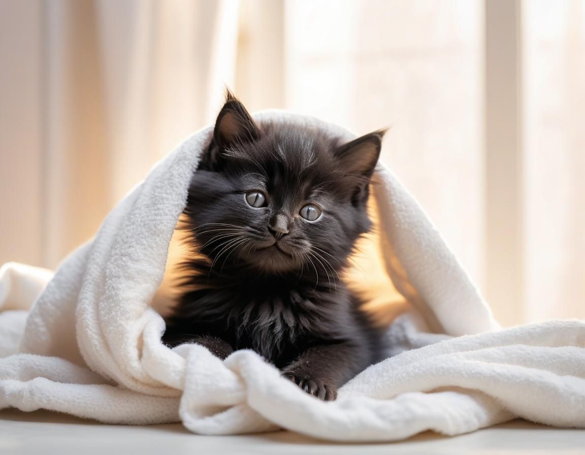 Cute Kitten Snuggled in Blanket with Bow