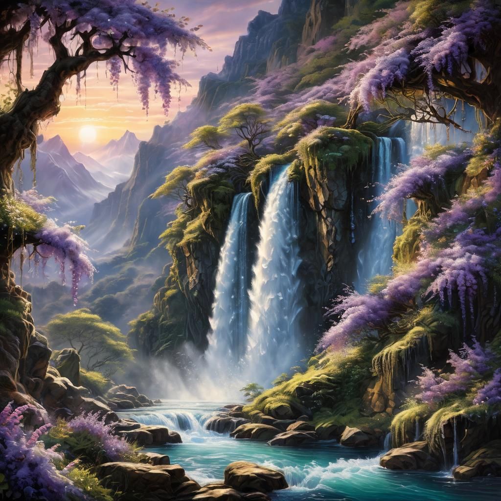 Romantic Waterfall with Wisteria Flowers in Soft Colors