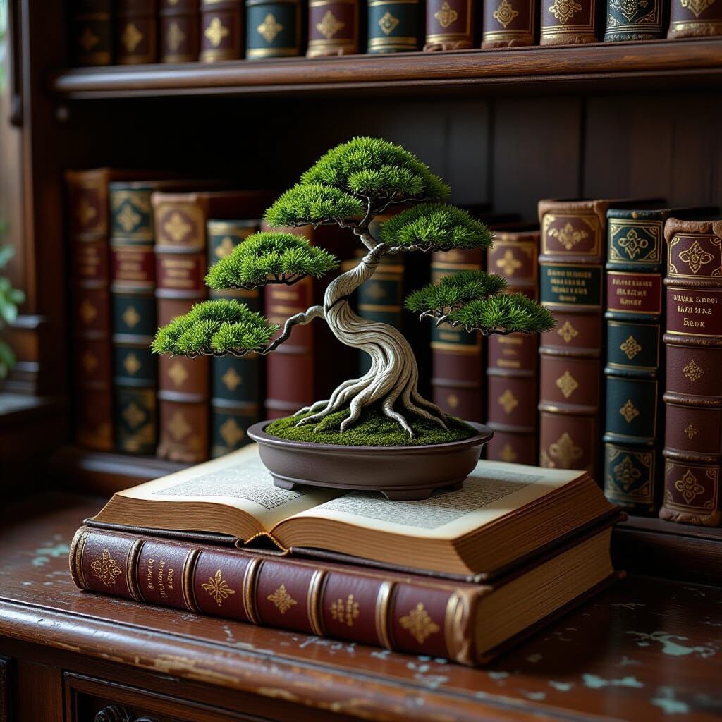 Bonsai Tree Growing Inside Book in Ukiyo-e Gothic Style