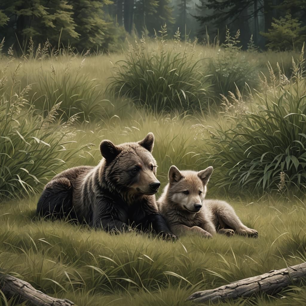Bear Cub and Wolf Pup Cuddle in Grass