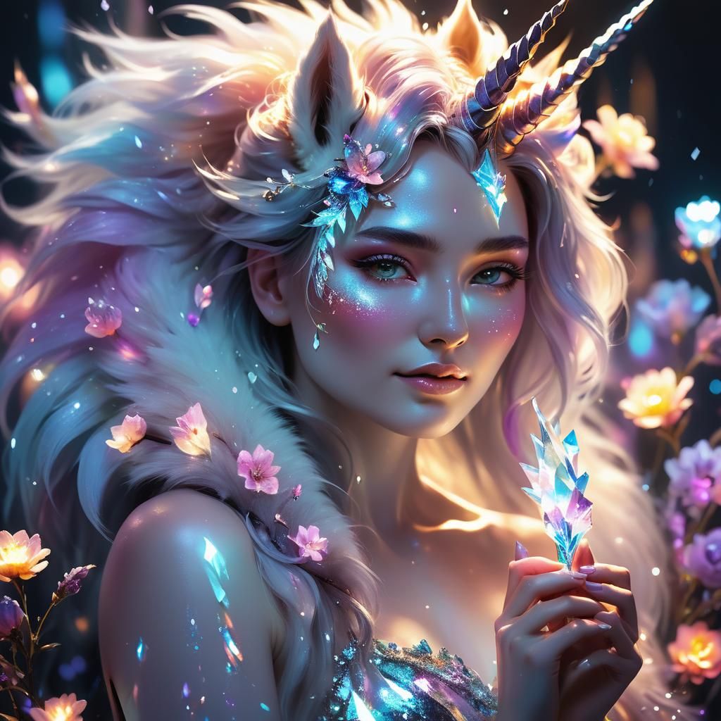 Ethereal Glowing Woman with Unicorn Horn as Oil Painting
