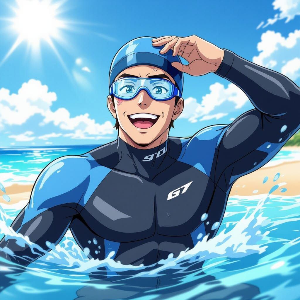 Anime Swimmer Emerges from Ocean, Studio Trigger Style