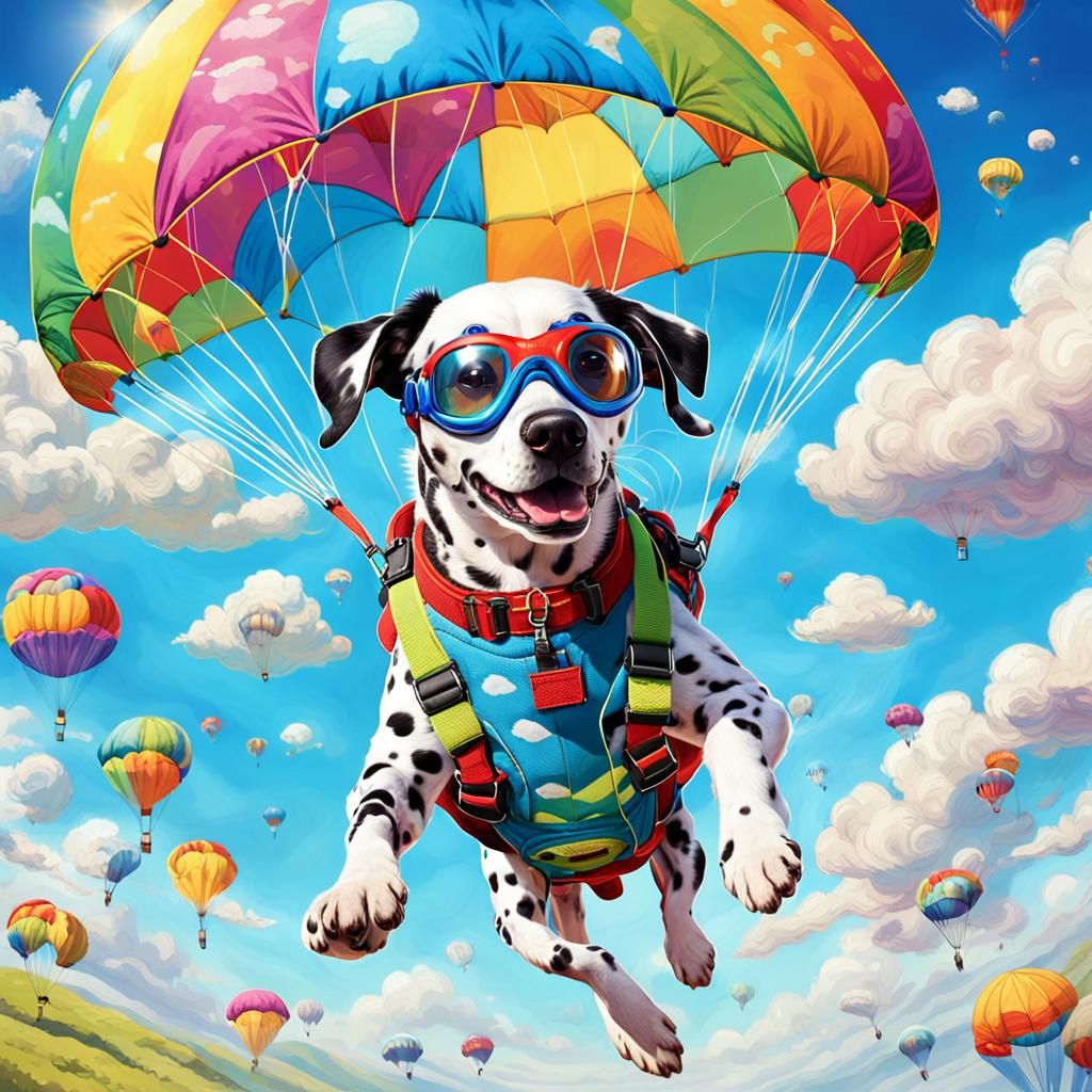 Dalmatian Dog Parachuting in Bright Fantasy Art