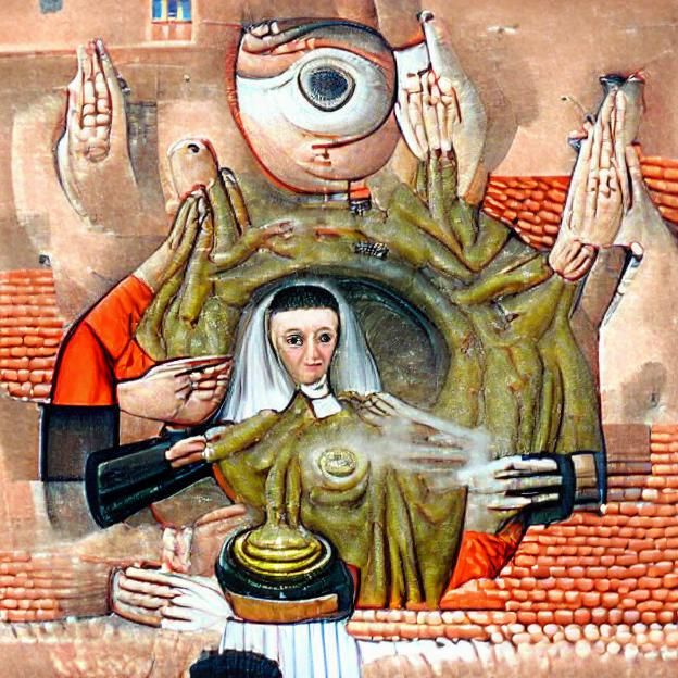 Medieval Priestess Praying to Grotesque Deity
