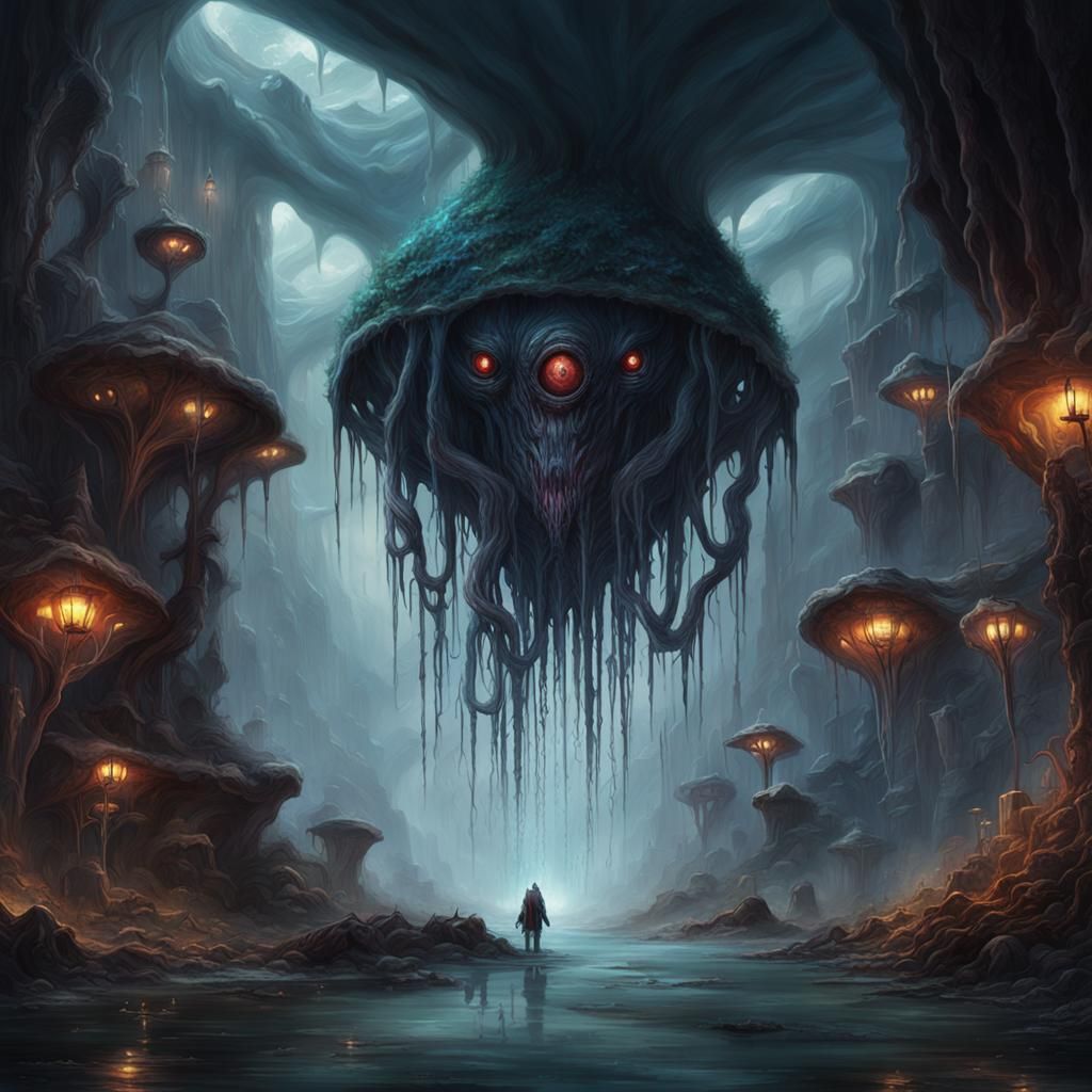 Epic Cave Scene with Beholder and Mindflayer