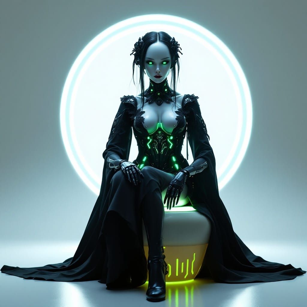 Futuristic Goth Fairy Robot Sits on Modern Mushroom Stool