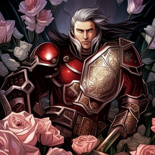 Grimdark Paladin in Crimson Armor on Roses