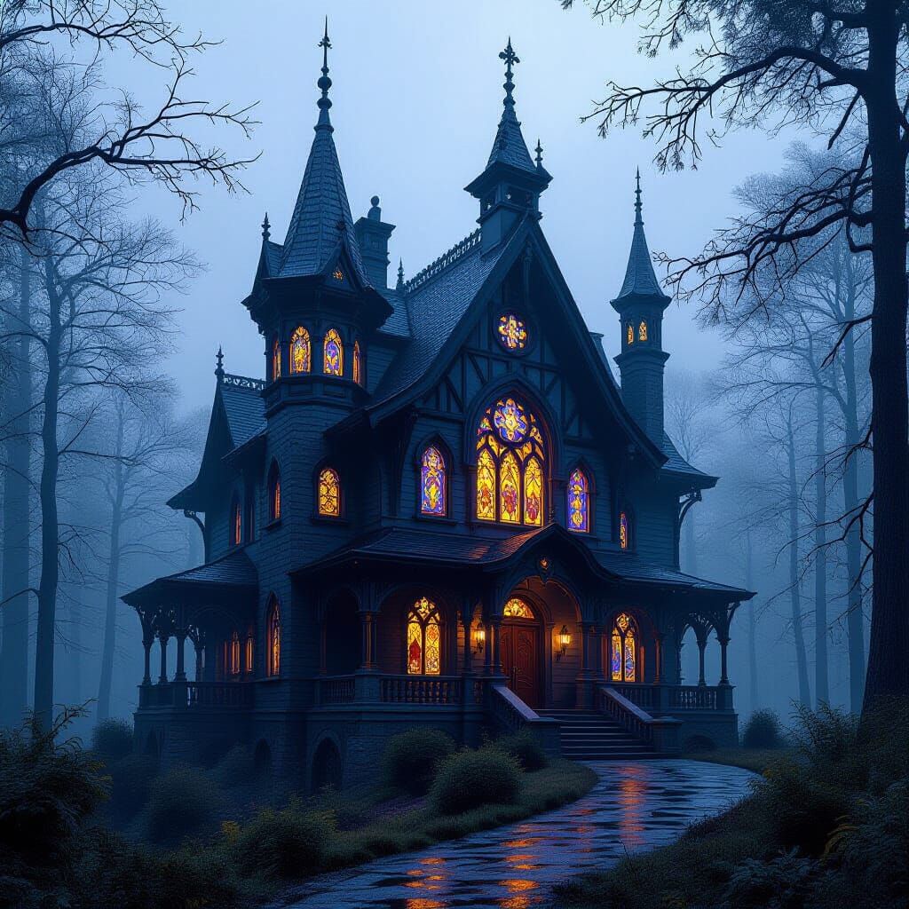 Gothic House in Misty Forest, Dark Fantasy Style