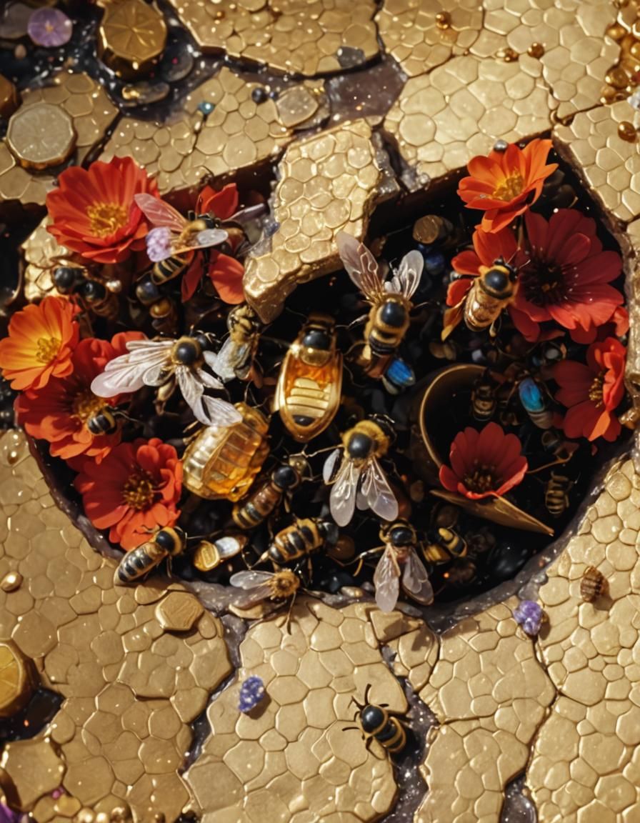 Golden Bees Guarding Treasure in 3D Splash Art