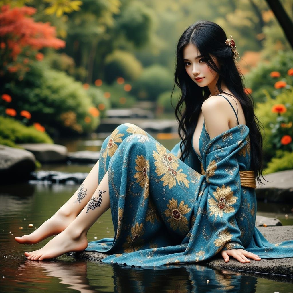 A stunning Japanese woman with porcelain skin and raven hair, adorned in a traditional blue...