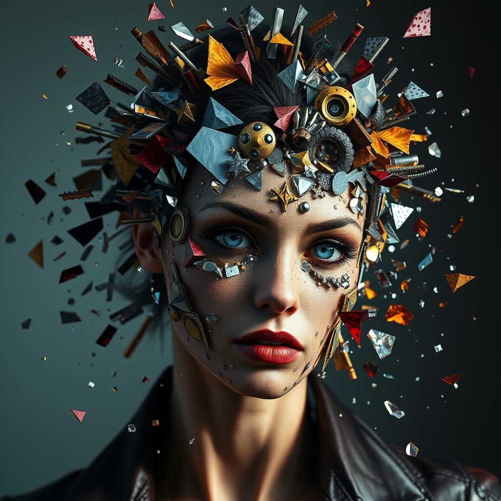 Exploding Woman Portrait in Colored Pencil and Watercolor St...