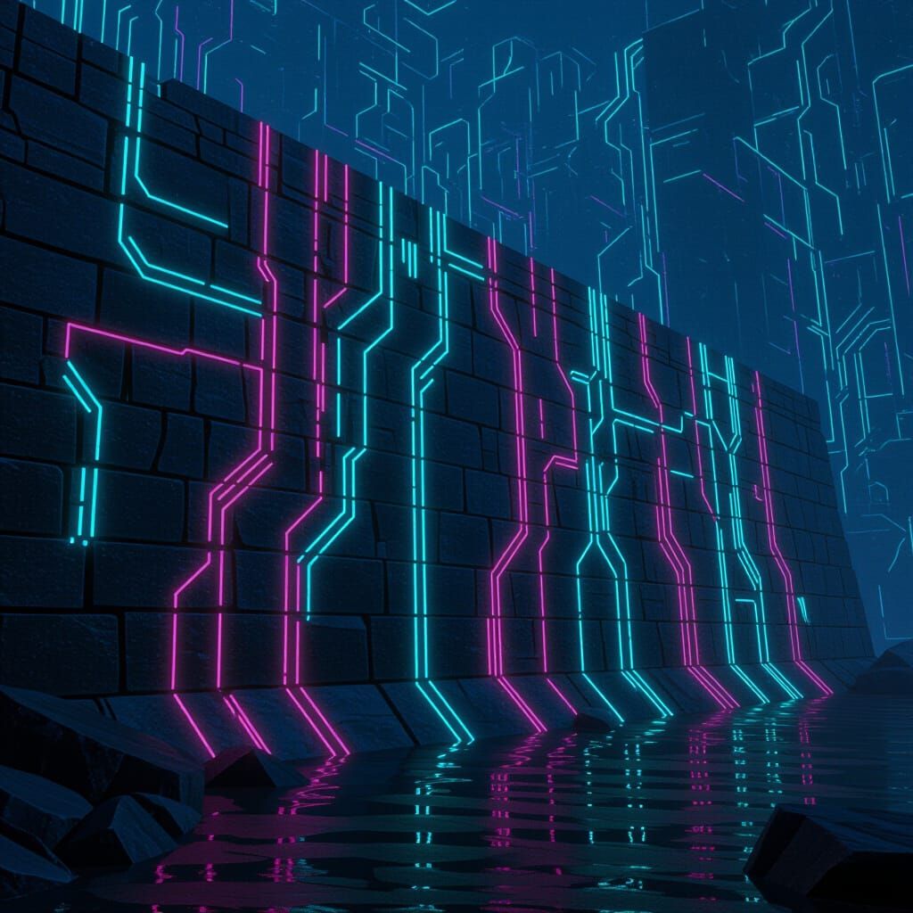 Ethereal Circuitry on Ancient Stone Wall