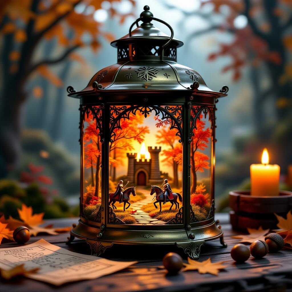 Magical Lantern with Miniature Autumn Forest and Knights