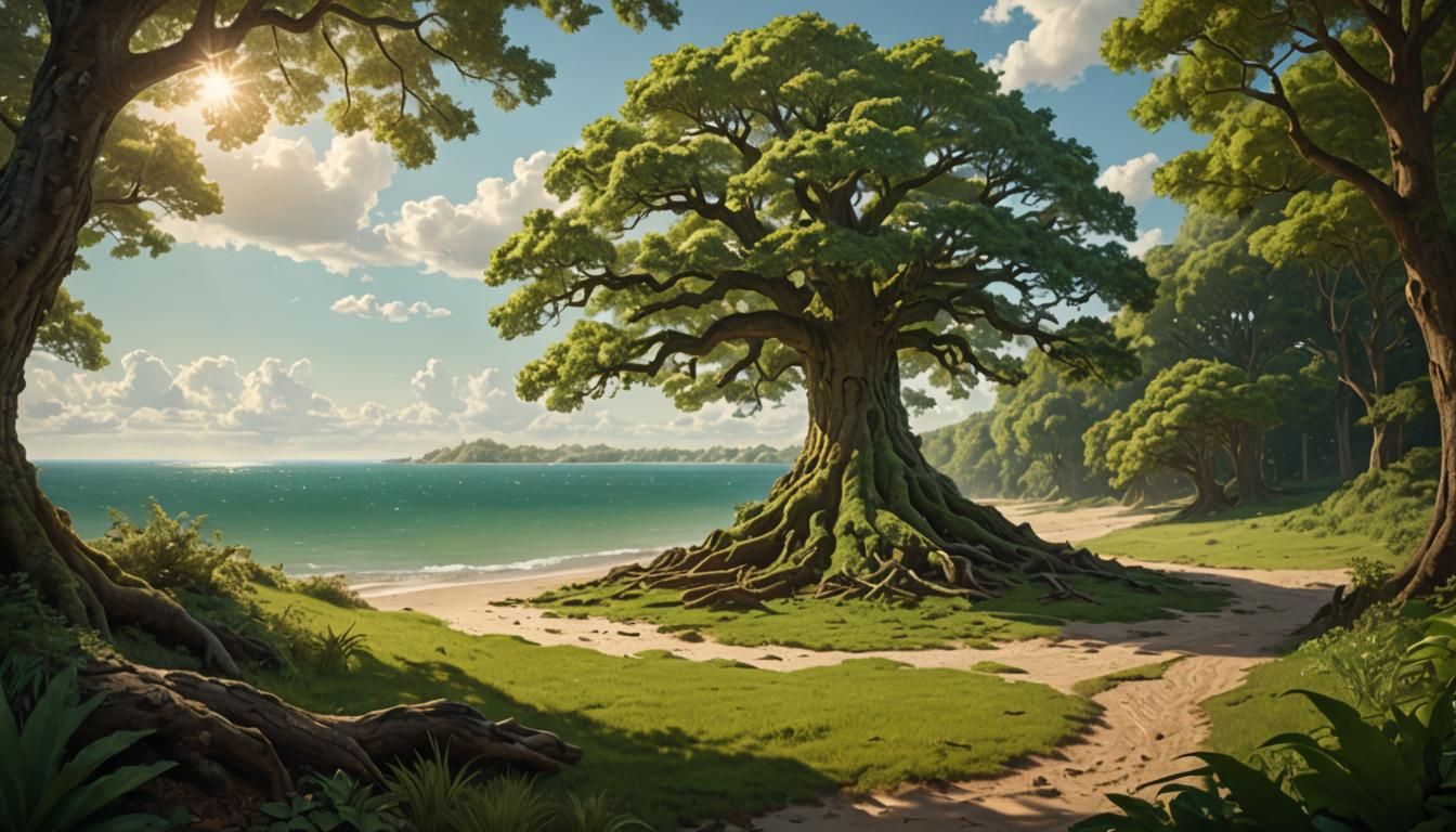 Majestic Oak Overlooks Calm Beach in Fantasy Style