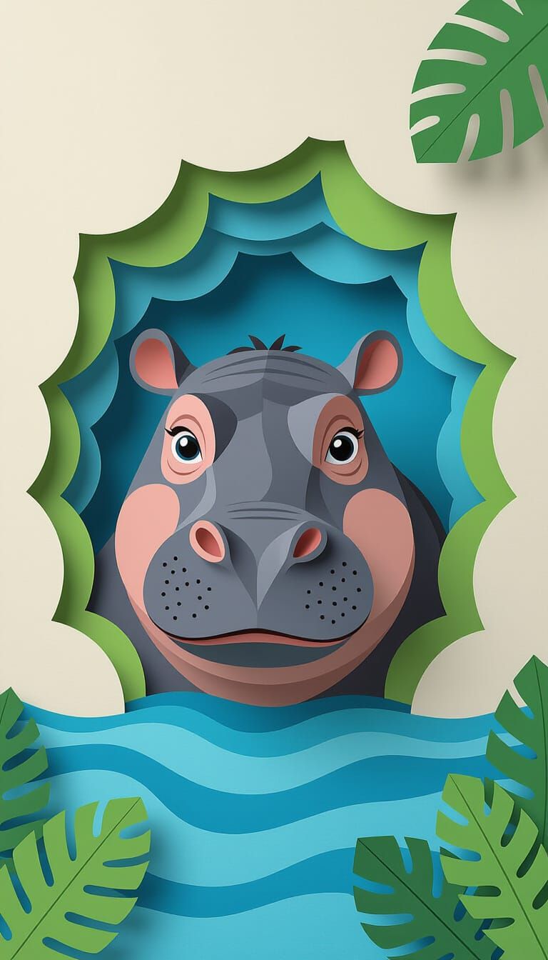 Paper Hippo Peeking from Jungle River Scene