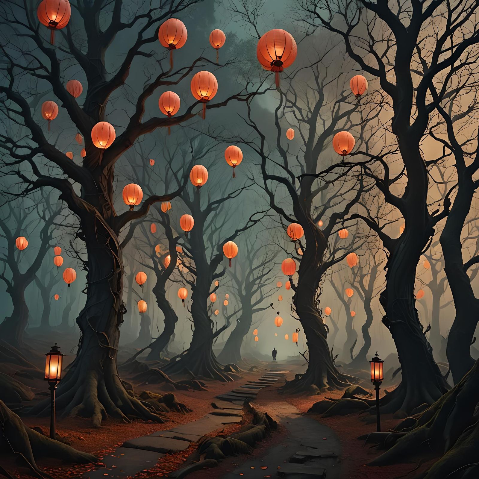 Enchanted Forest Path with Eerie Lanterns