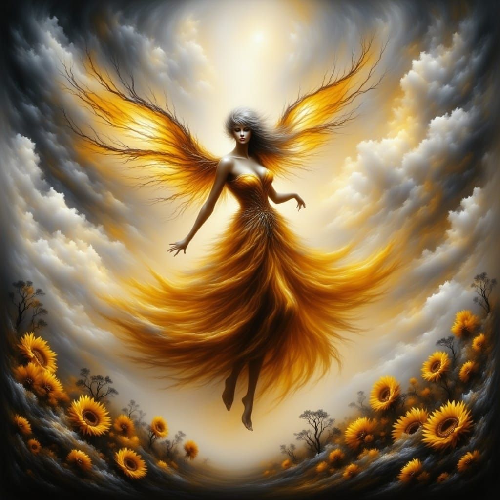 Glamorous Gray Fairy Soars Over Sunflowers in Vibrant Colors