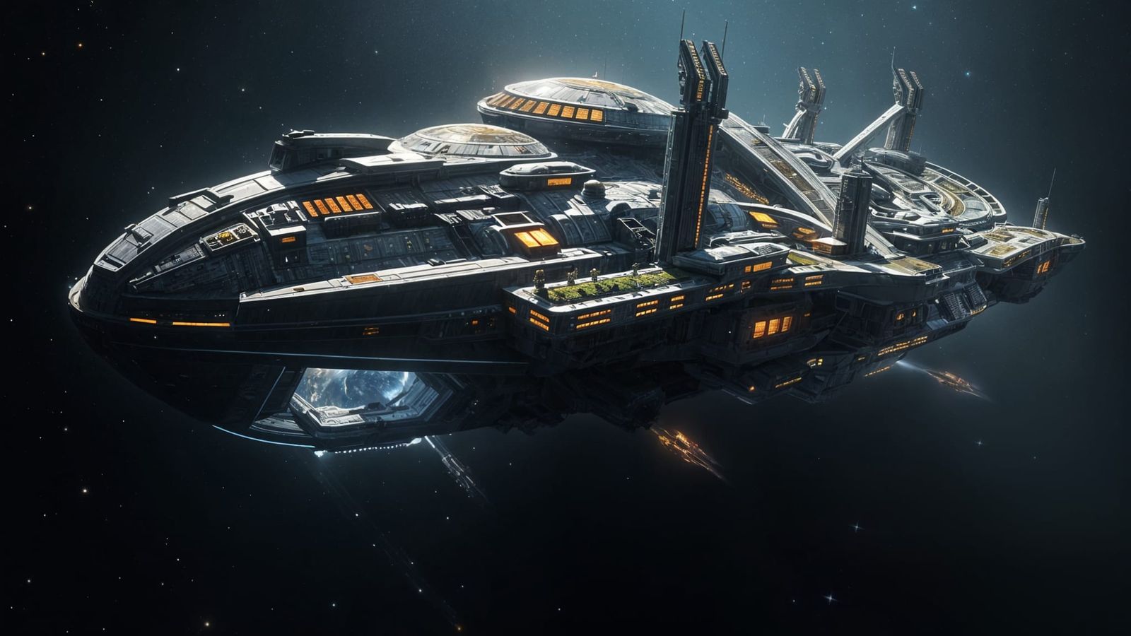 Colossal Starship City Drifting Through Deep Space