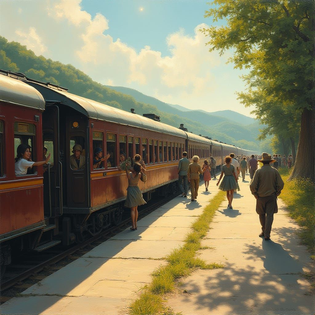 Vintage Train Arrives at Idyllic Station Amidst Rolling Hill...