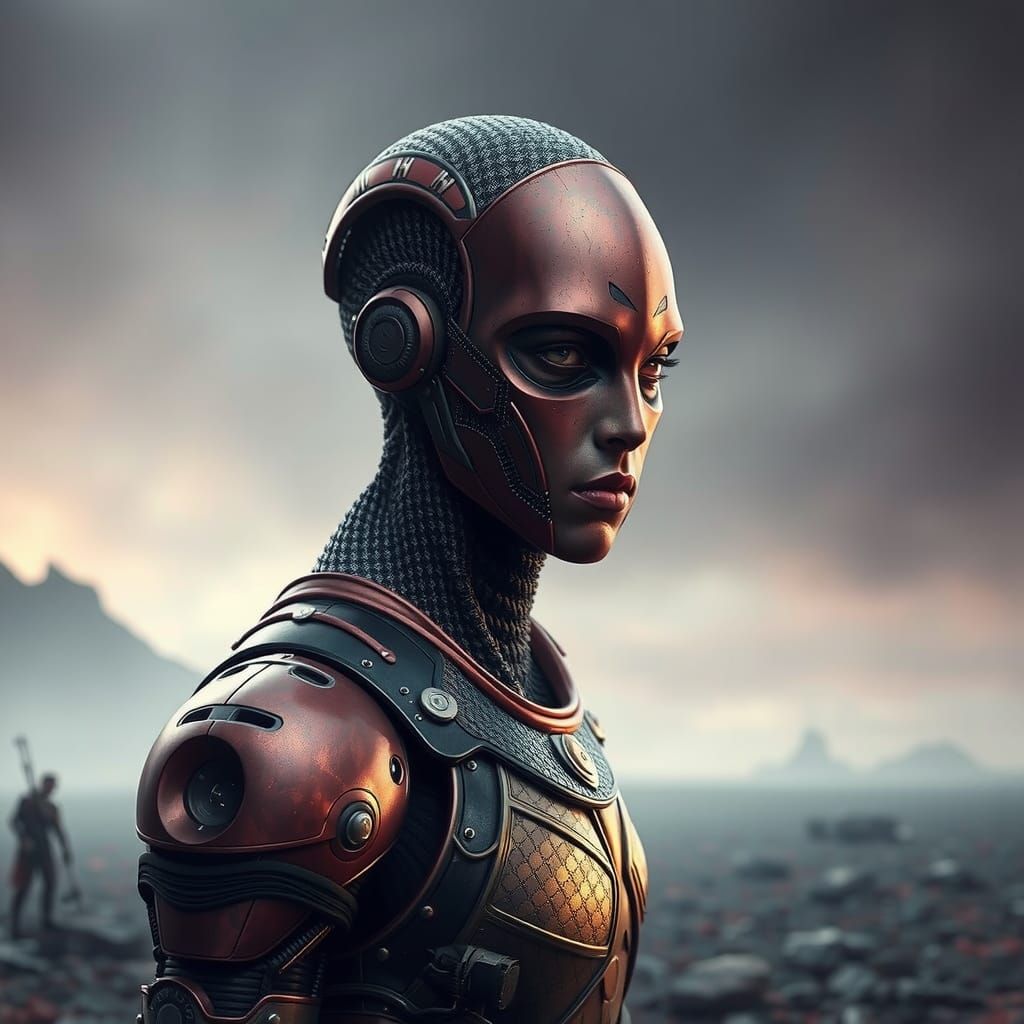 Futuristic Soldier in Metallic Armor, Hyperrealistic Digital...