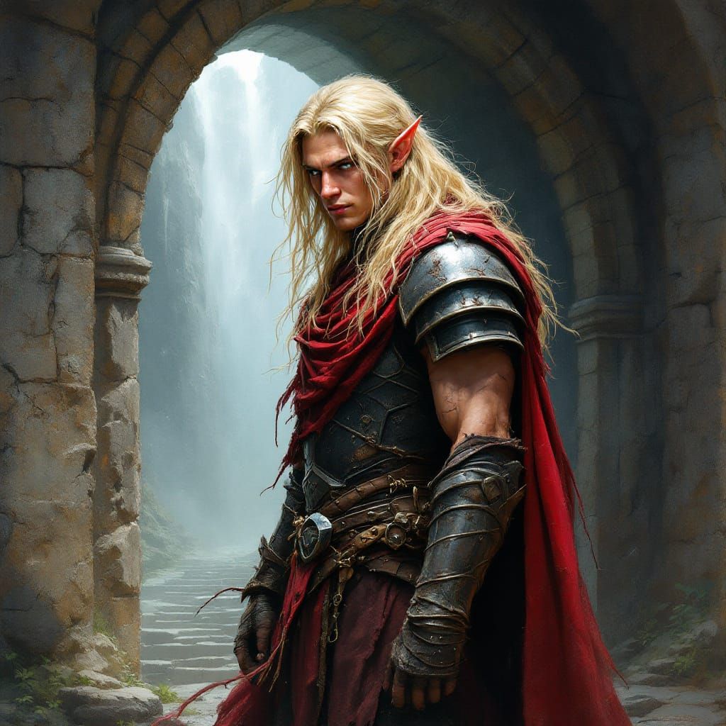 Elf Warrior by Arched Portal in Oil Realism Style