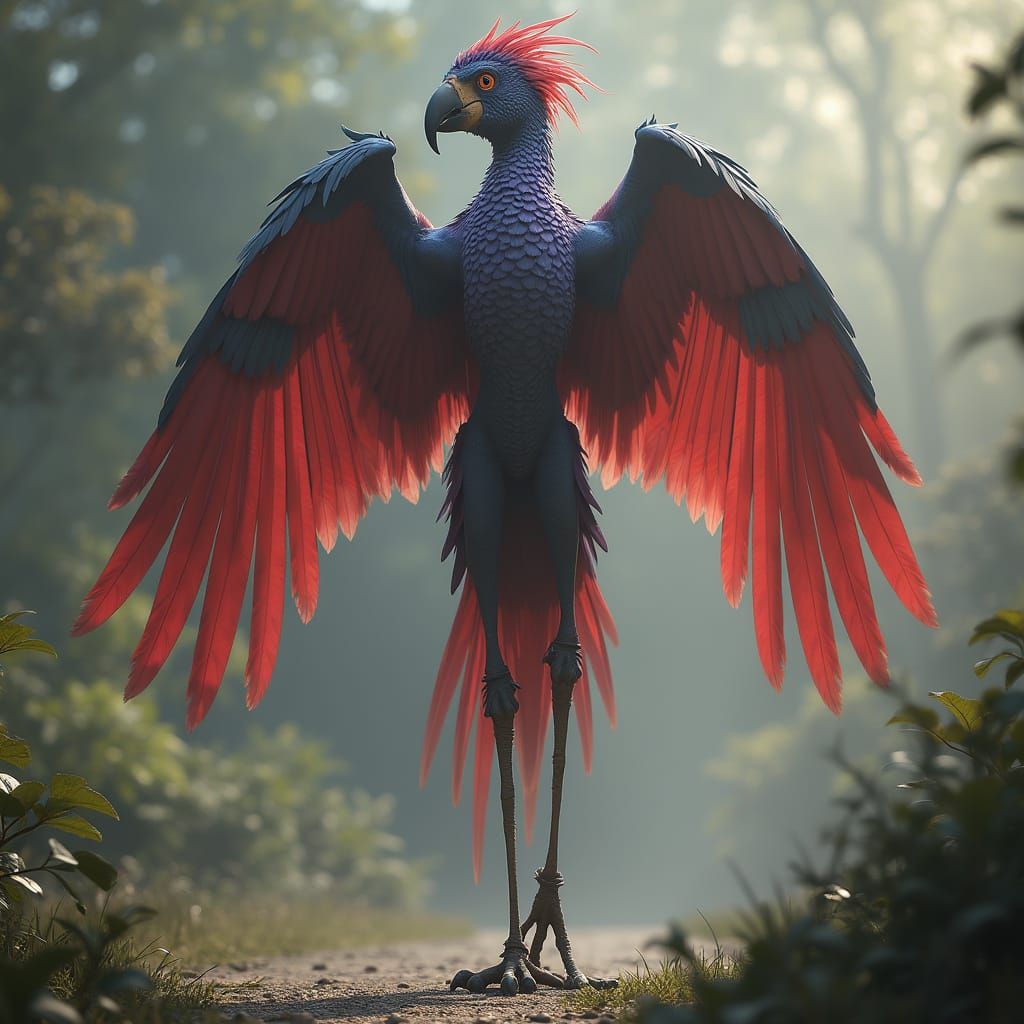 Epic Bird Goddess in Vibrant Mythological Attire