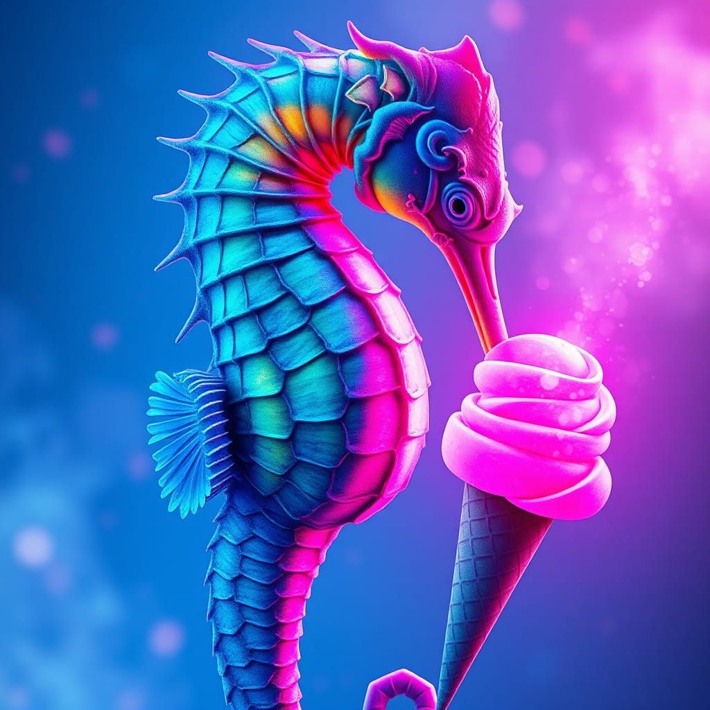 Fluorescent Seahorse Enjoys Surreal Ice Cream Treat