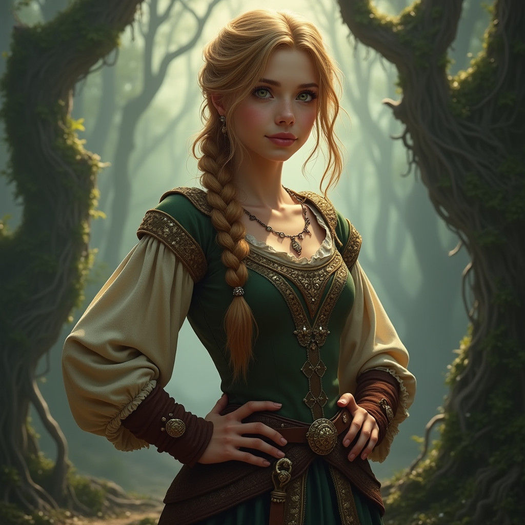 Medieval Woman in Misty Forest: Fantasy Concept Art