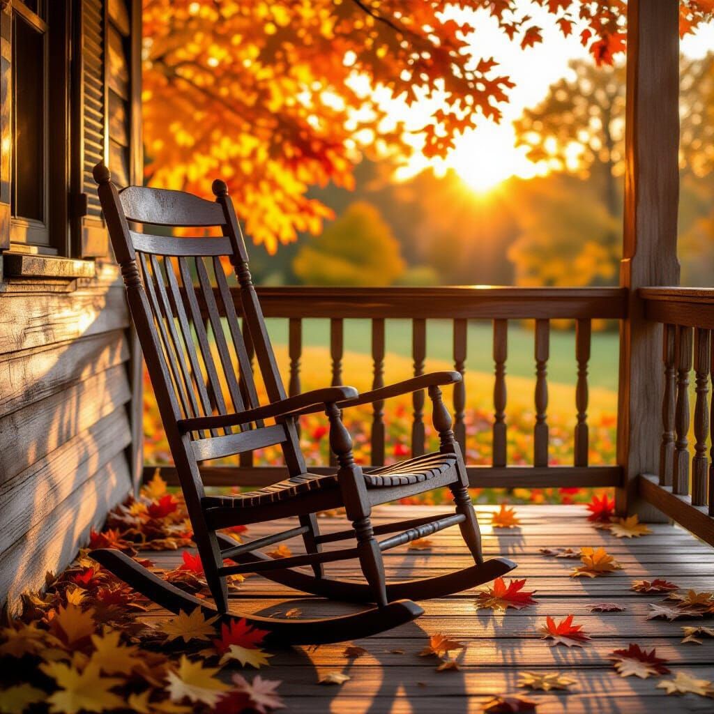Rustic Porch Rocking Chair in Autumn Sunset Light