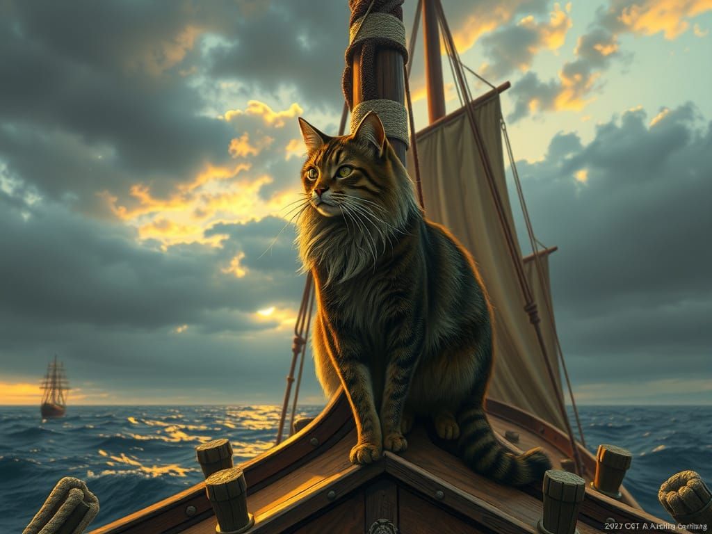 Viking Cat on Ship, Fairy Tale Illustration