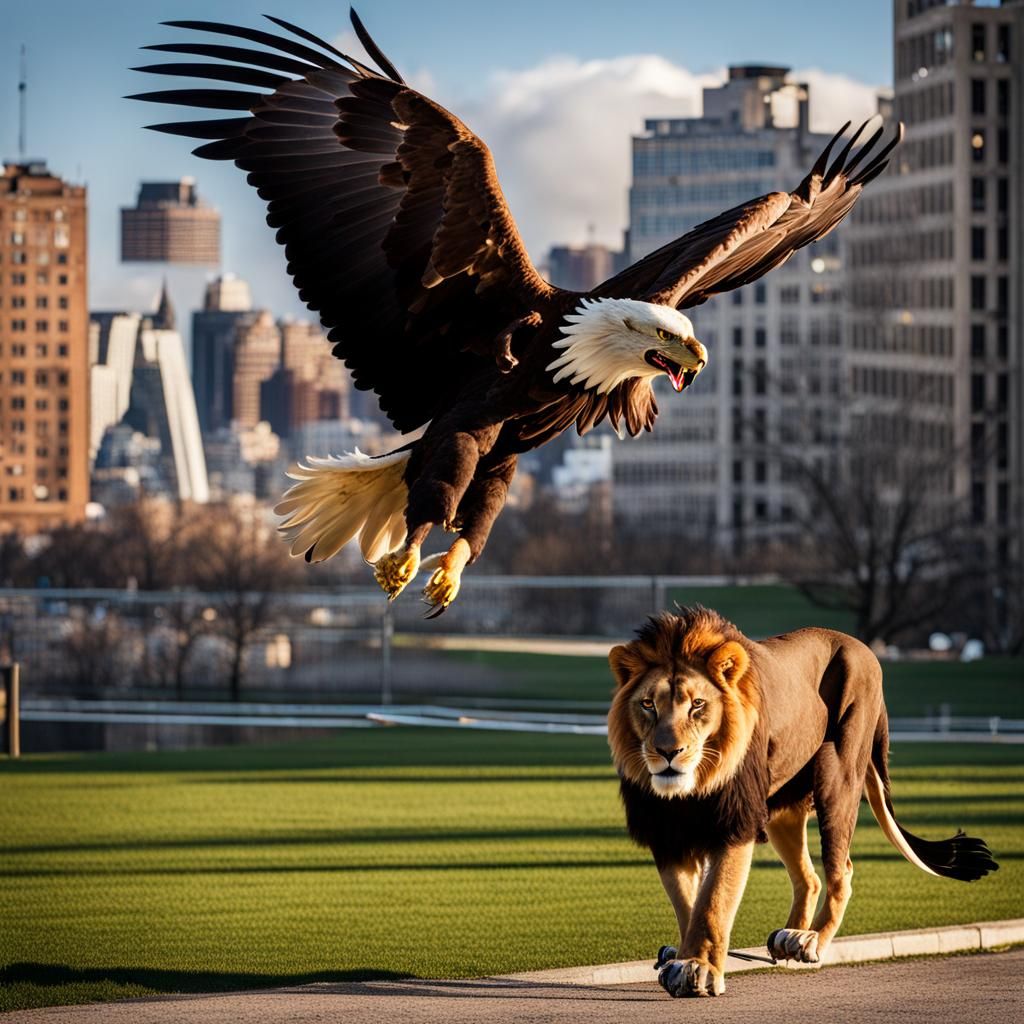 Lion and Eagle Hunting Together in a City