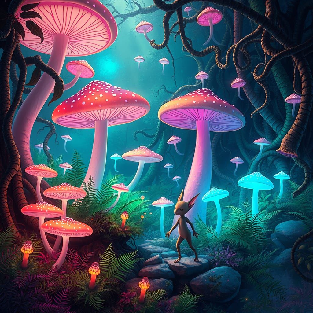 Whimsical Forest Realm with Iridescent Mushrooms and Neon Hu...