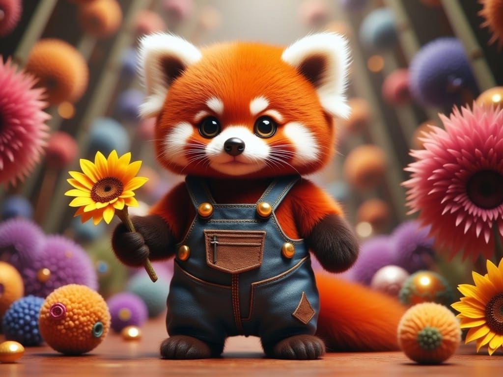 Whimsical Red Panda Hybrid in Vibrant Bismuth Fractals