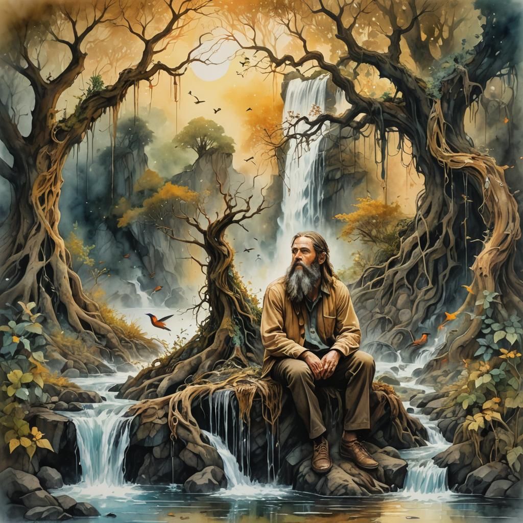 Surreal Waterfall Beard: Dreamlike Conceptual Art