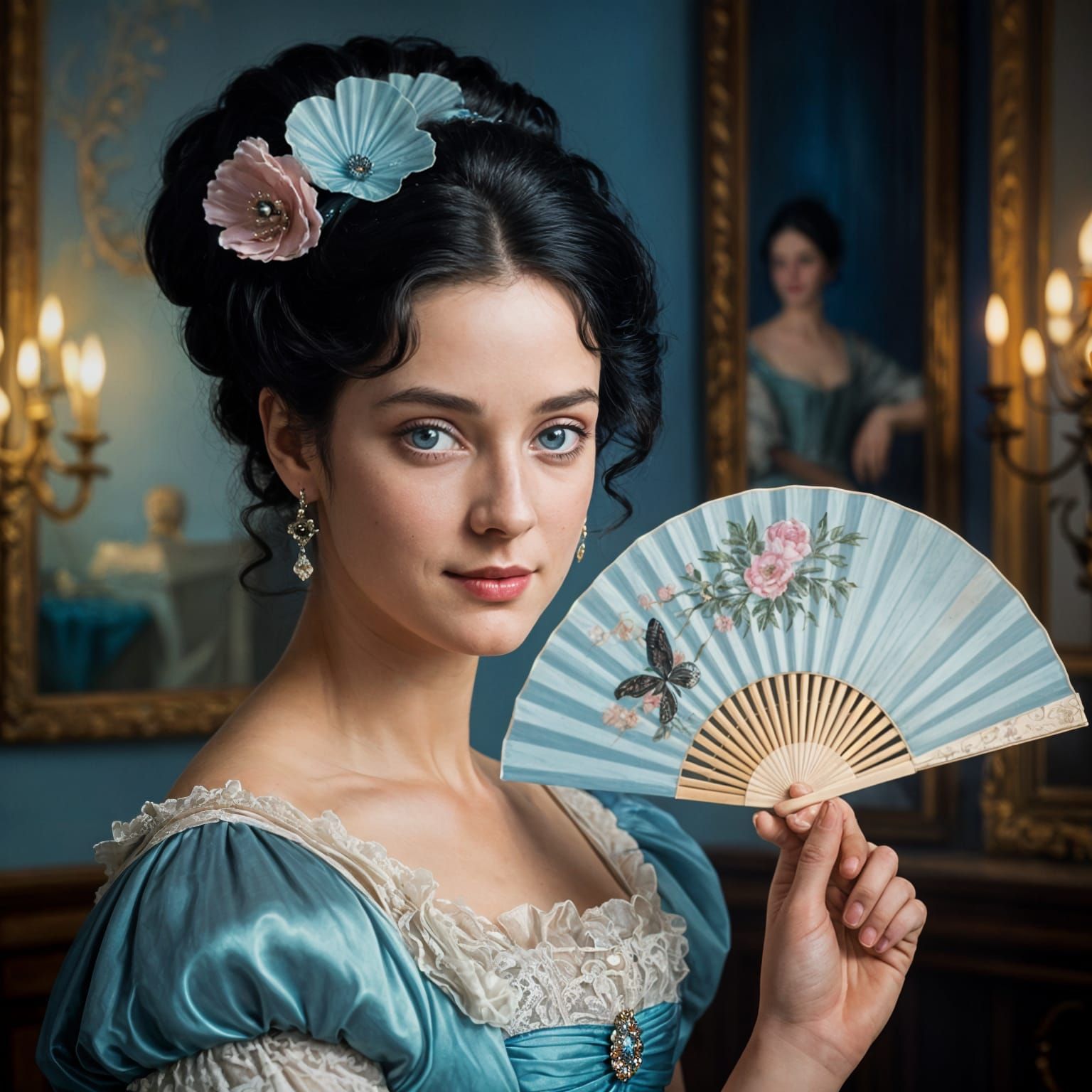 Regency Woman With Fan In Candlelit Ballroom
