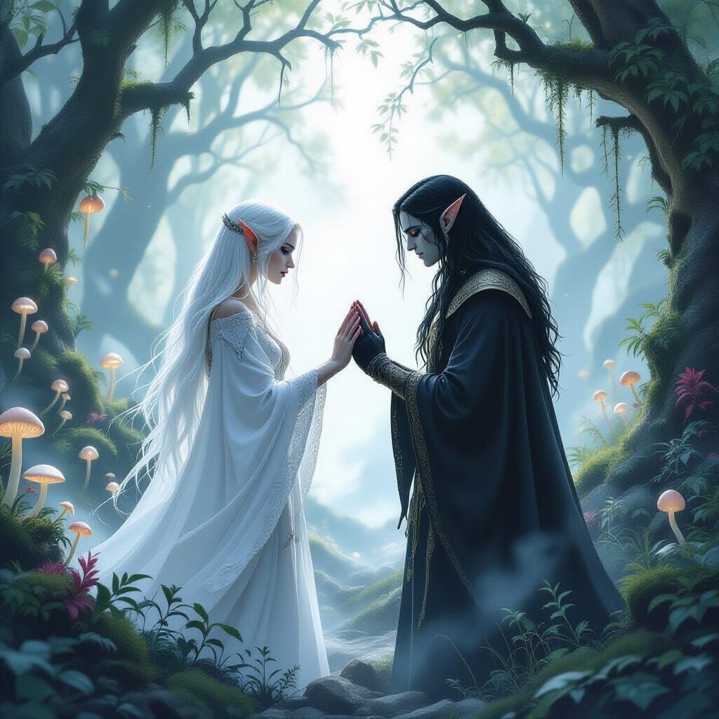 Elves of Light and Shadow in Misty Forest