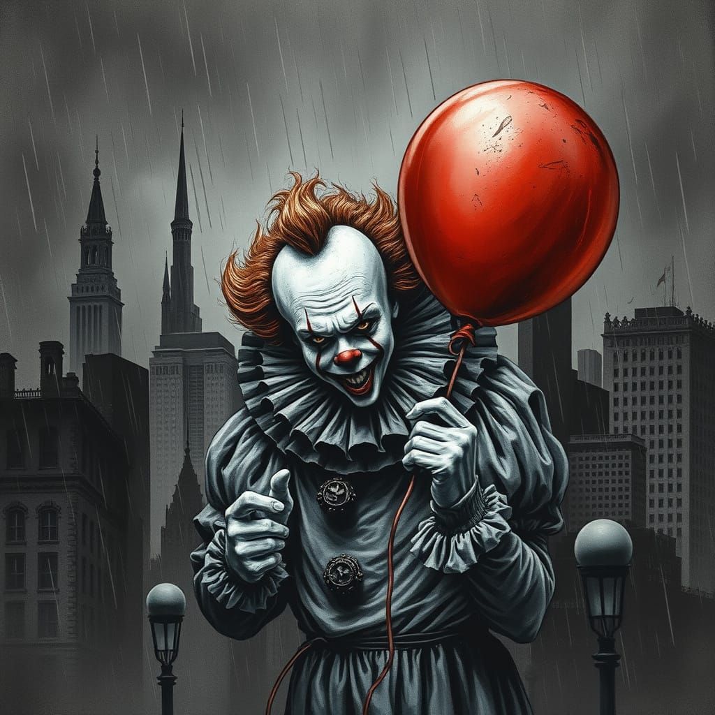 Pennywise: Noir Horror Clown with Red Balloon