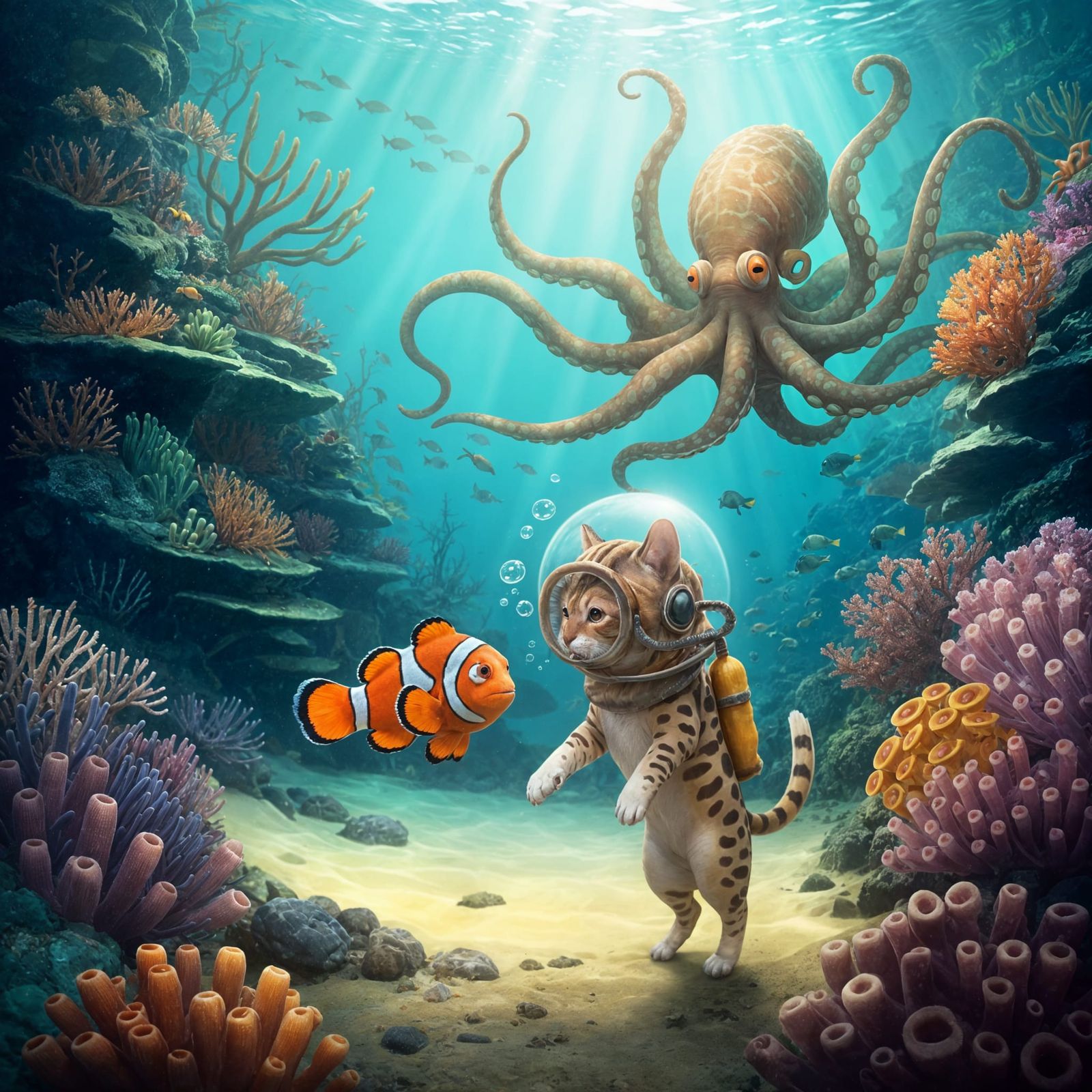 Underwater Fantasy: Clownfish, Cat, and Coral Reef