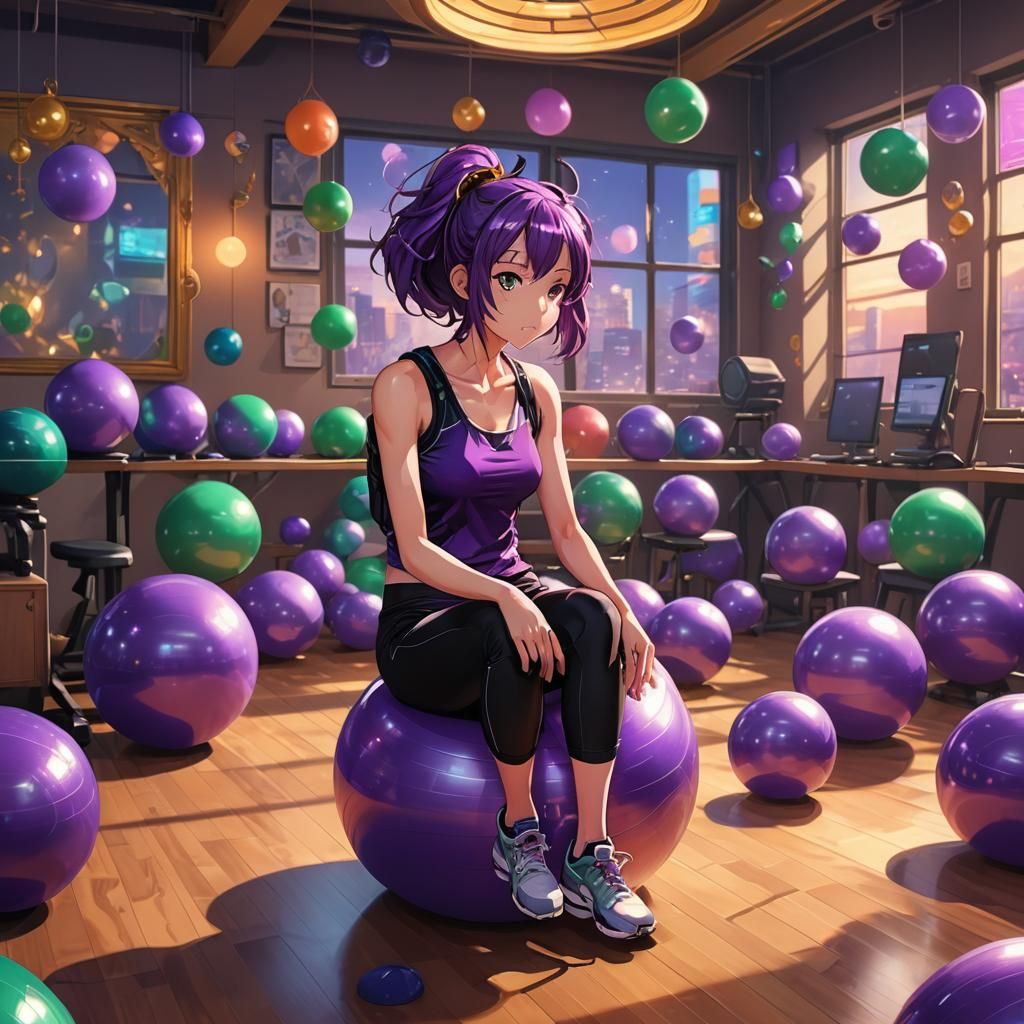 Anime Girl on Exercise Ball in Vibrant Room