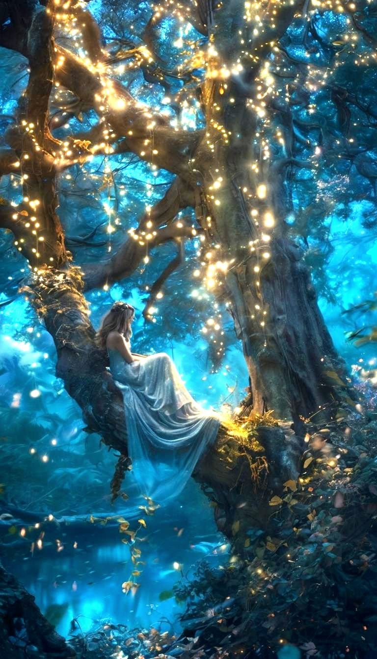 Surreal Goddess Shines on Cosmic Tree in Neon Dreamscape