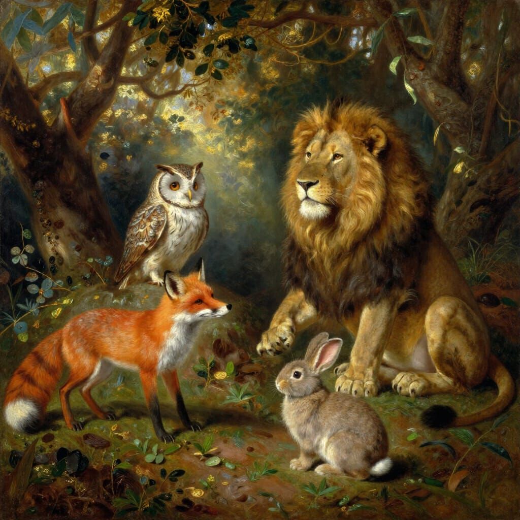 Whimsical Animal Gathering in Oil Painting Style