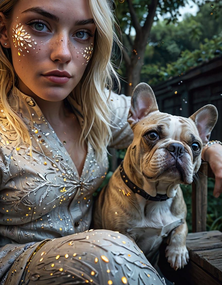 Rustic Romance Scene with Woman and American Bulldog