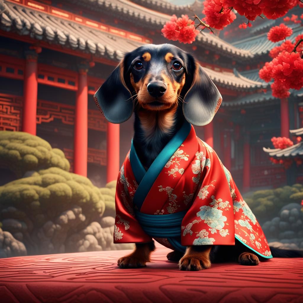Dachshund in Kimono with Chinese Art Background