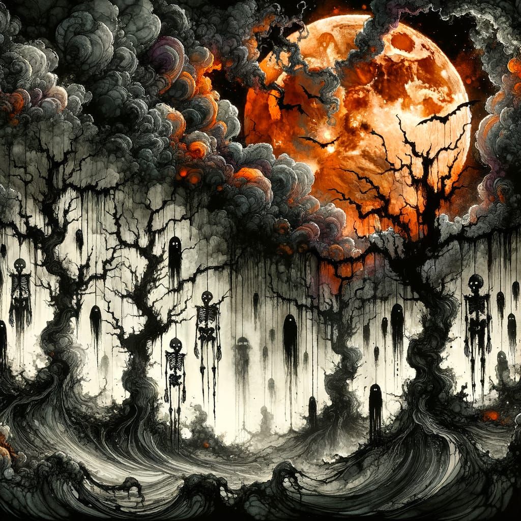 Eerie Skeleton Orchard Under an Orange Moon