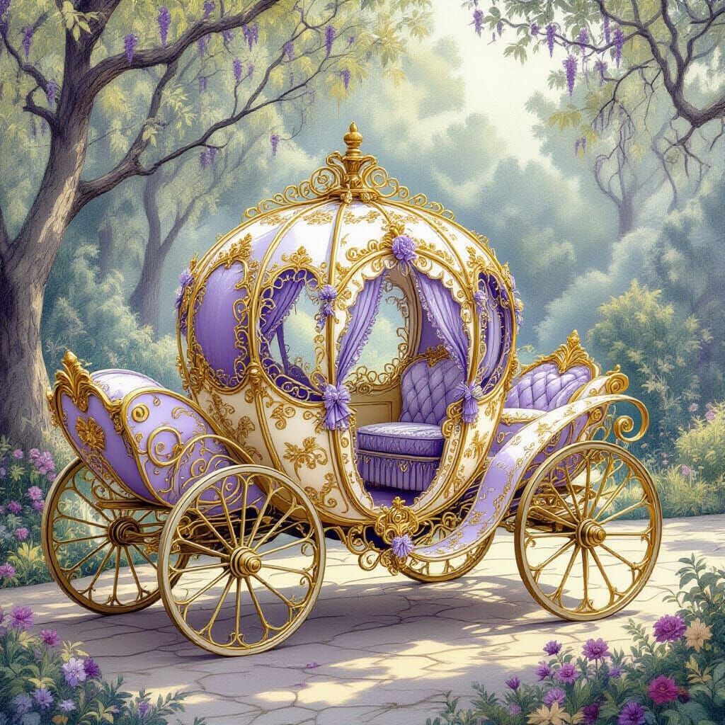 Ornate Golden Carriage in Whimsical Fairy Tale Setting