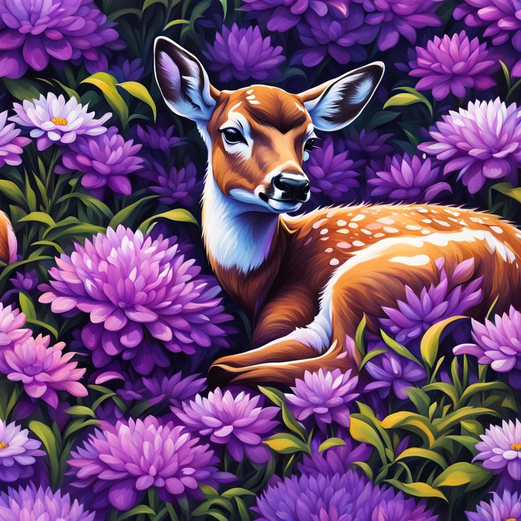 Fawn Asleep in Flowers: Graffiti Art Style