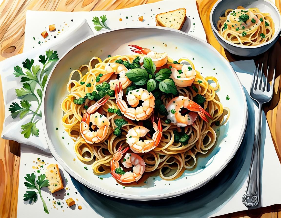 Creamy Garlic Shrimp Pasta Watercolor Illustration