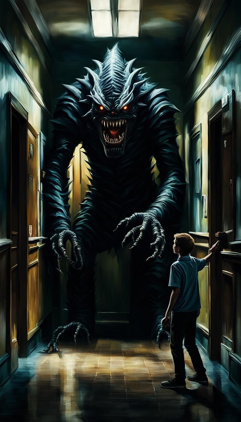 Surreal Exam Monster Attack in Dark Hallway