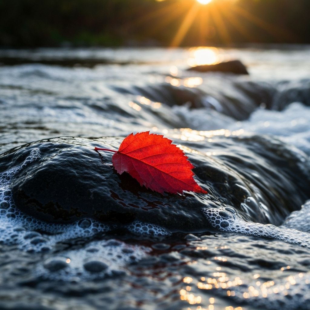Vibrant Red Leaf on Black Rock in Stream